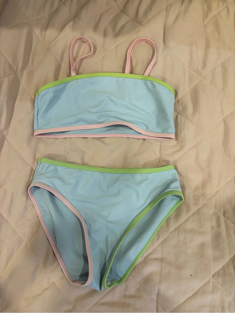 SHEIN Light Blue Bikini Set with Pink & Lime Trim